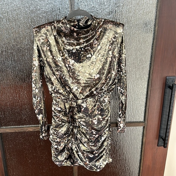 All Saints LILLIANA KETTU High neck Long Sleeve Ruched Mini Gold Black Size 4 - Picture 7 of 9